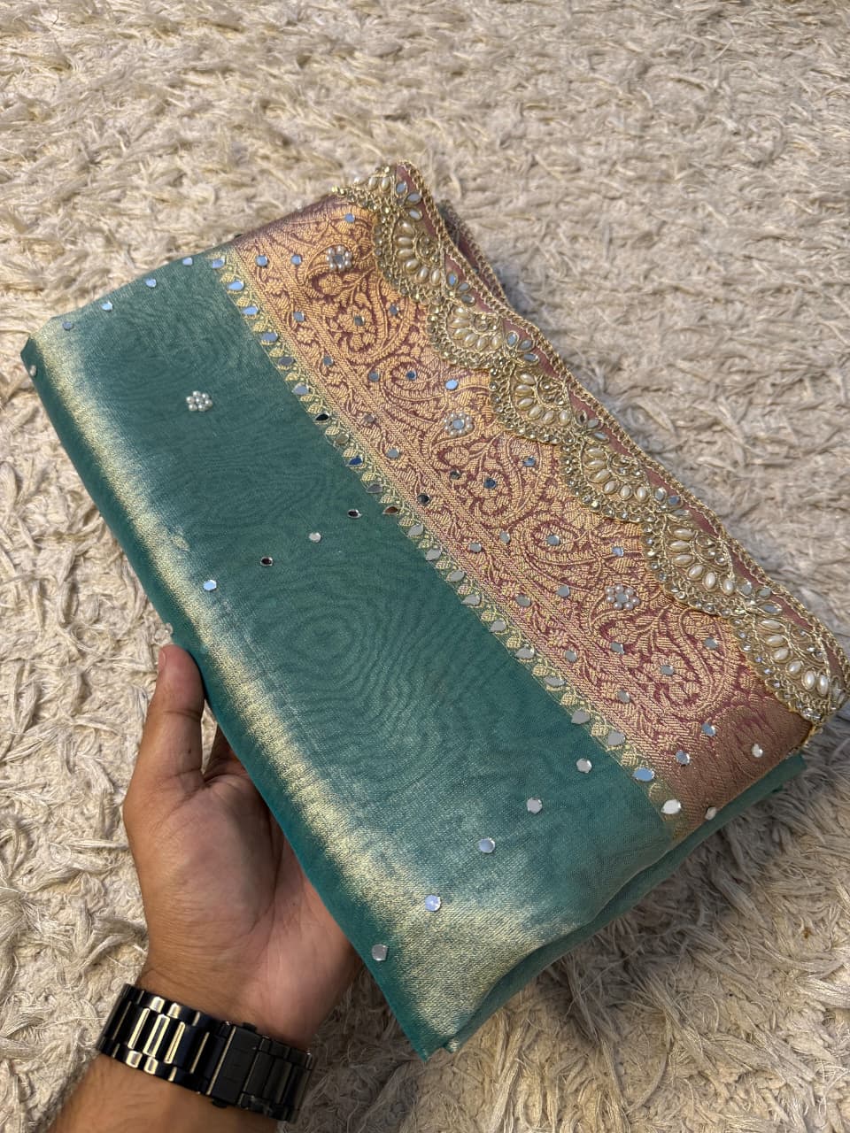 Glass Tissue Banarsi Handwork Saree