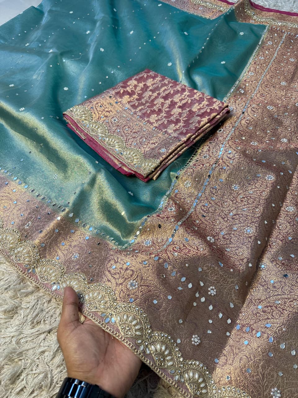 Glass Tissue Banarsi Handwork Saree