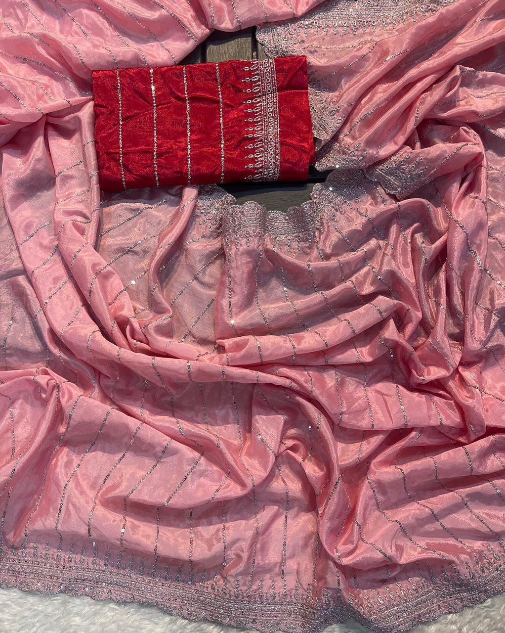 Chinon saree with Multi Embroidery Sequins work