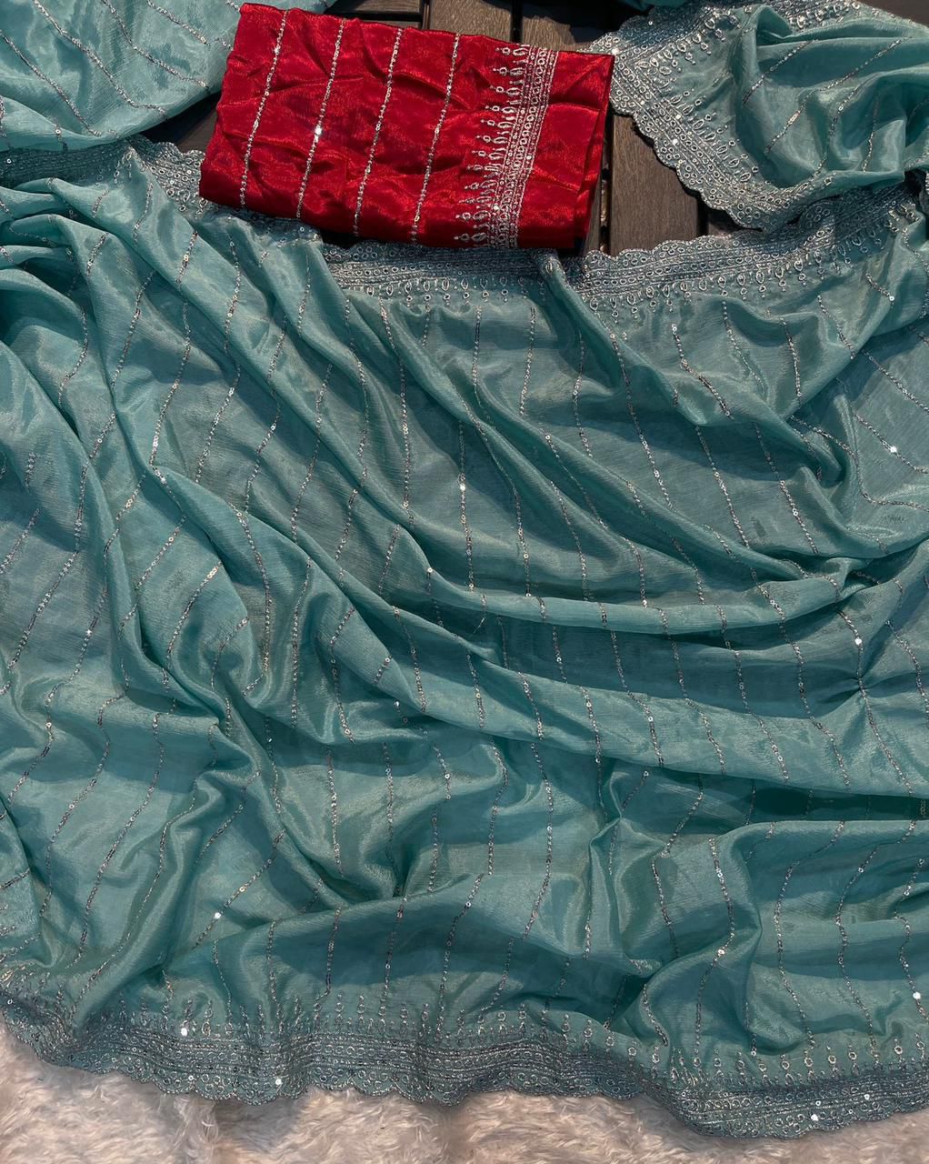 Chinon saree with Multi Embroidery Sequins work