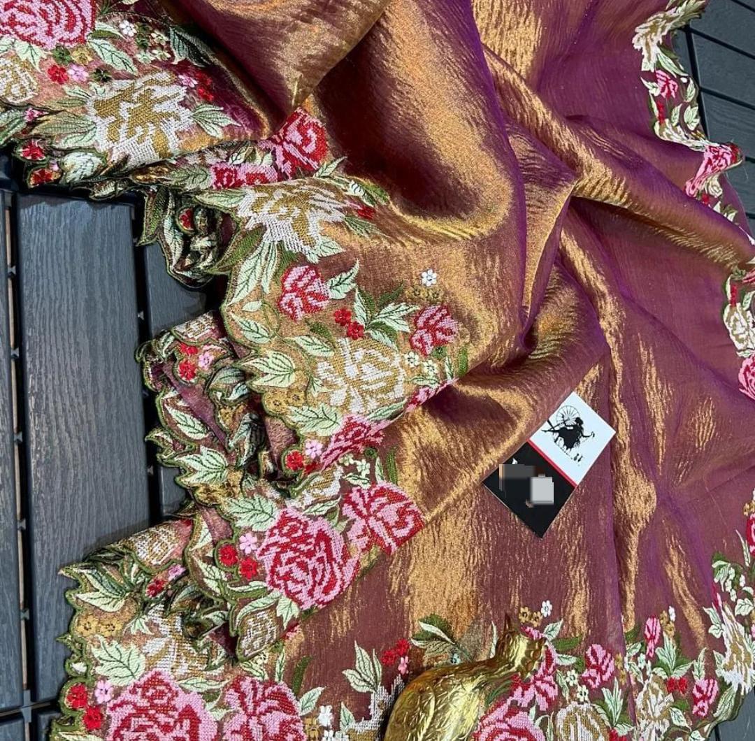 Banarasi tissue crunch embroidery saree