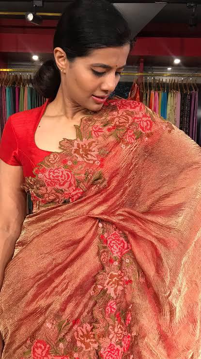 Banarasi tissue crunch embroidery saree