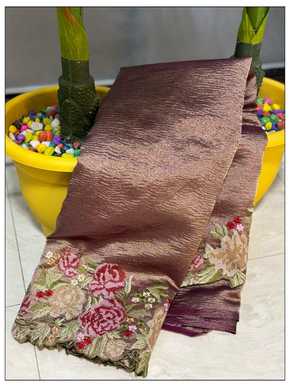 Banarasi tissue crunch embroidery saree