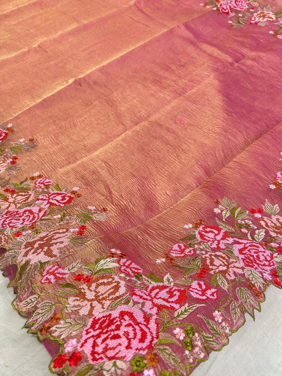 Banarasi tissue crunch embroidery saree