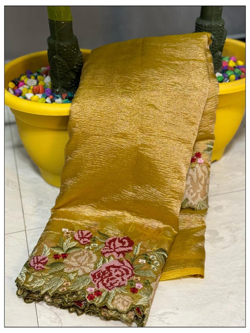 Banarasi tissue crunch embroidery saree