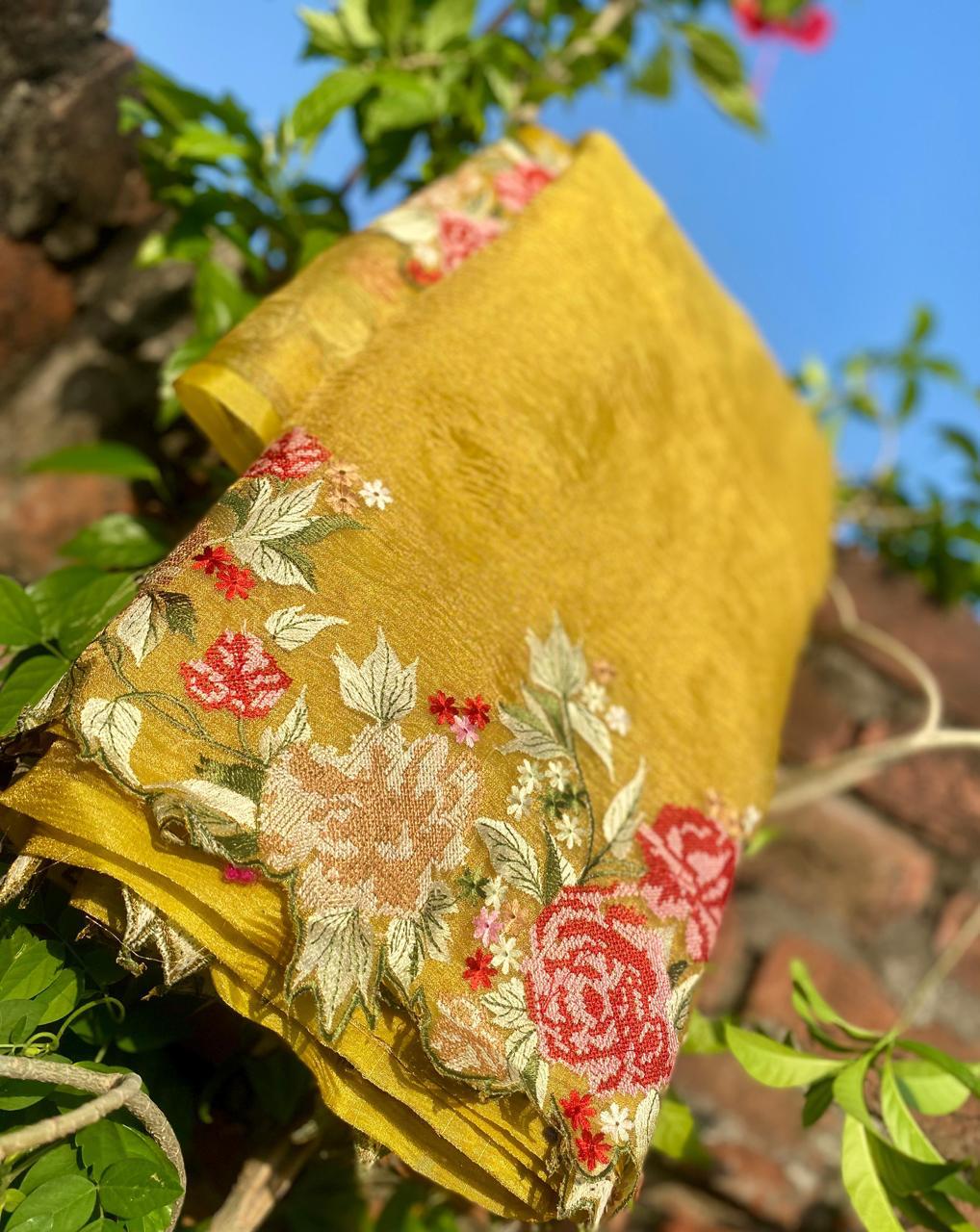 Banarasi tissue crunch embroidery saree