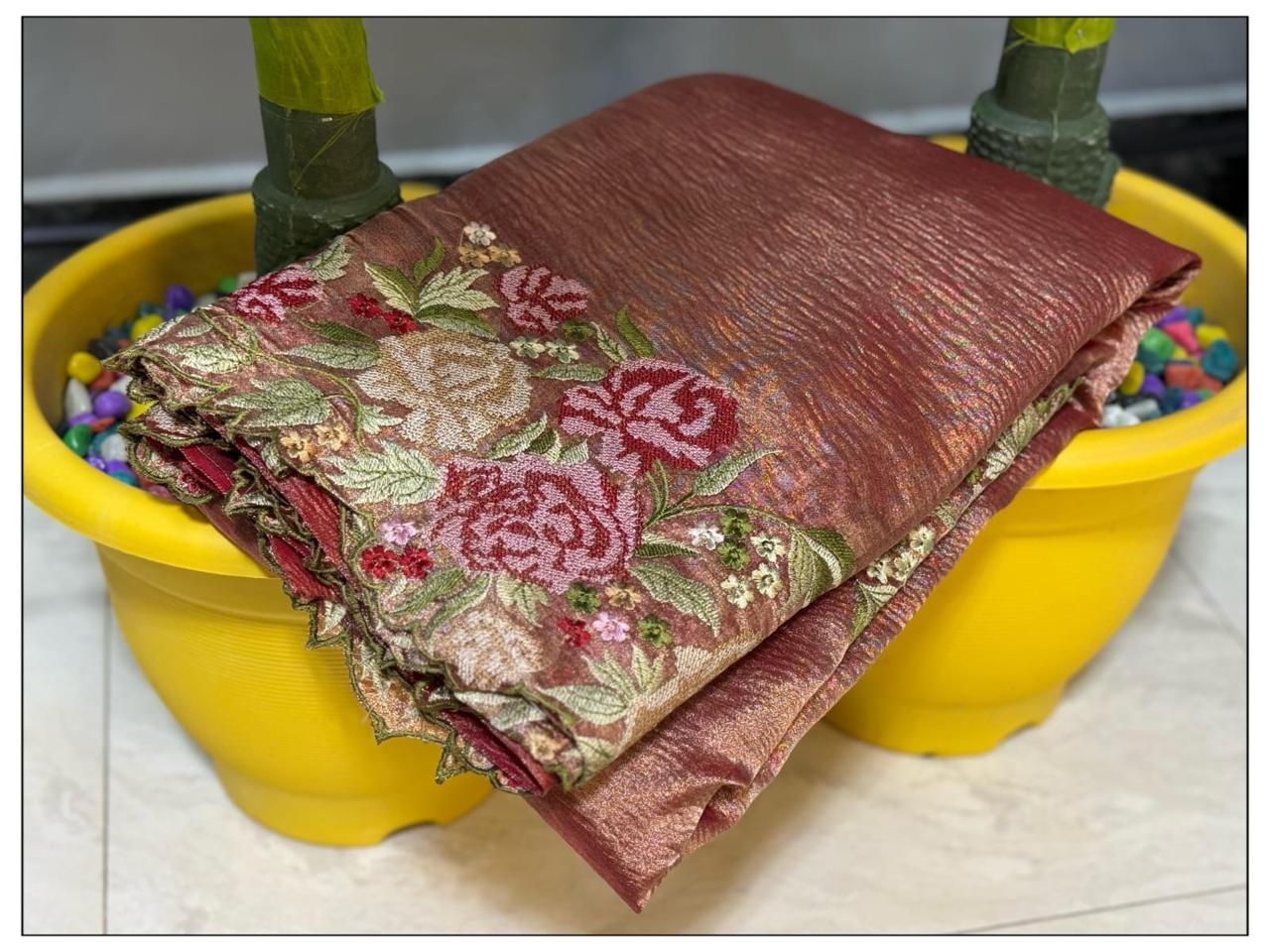 Banarasi tissue crunch embroidery saree