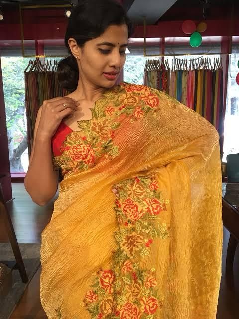 Banarasi tissue crunch embroidery saree