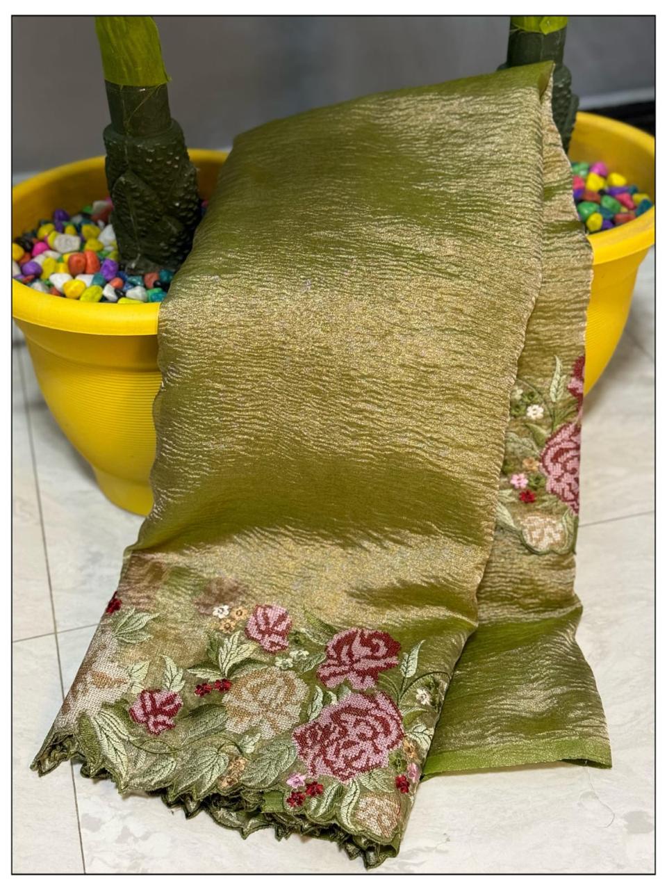 Banarasi tissue crunch embroidery saree