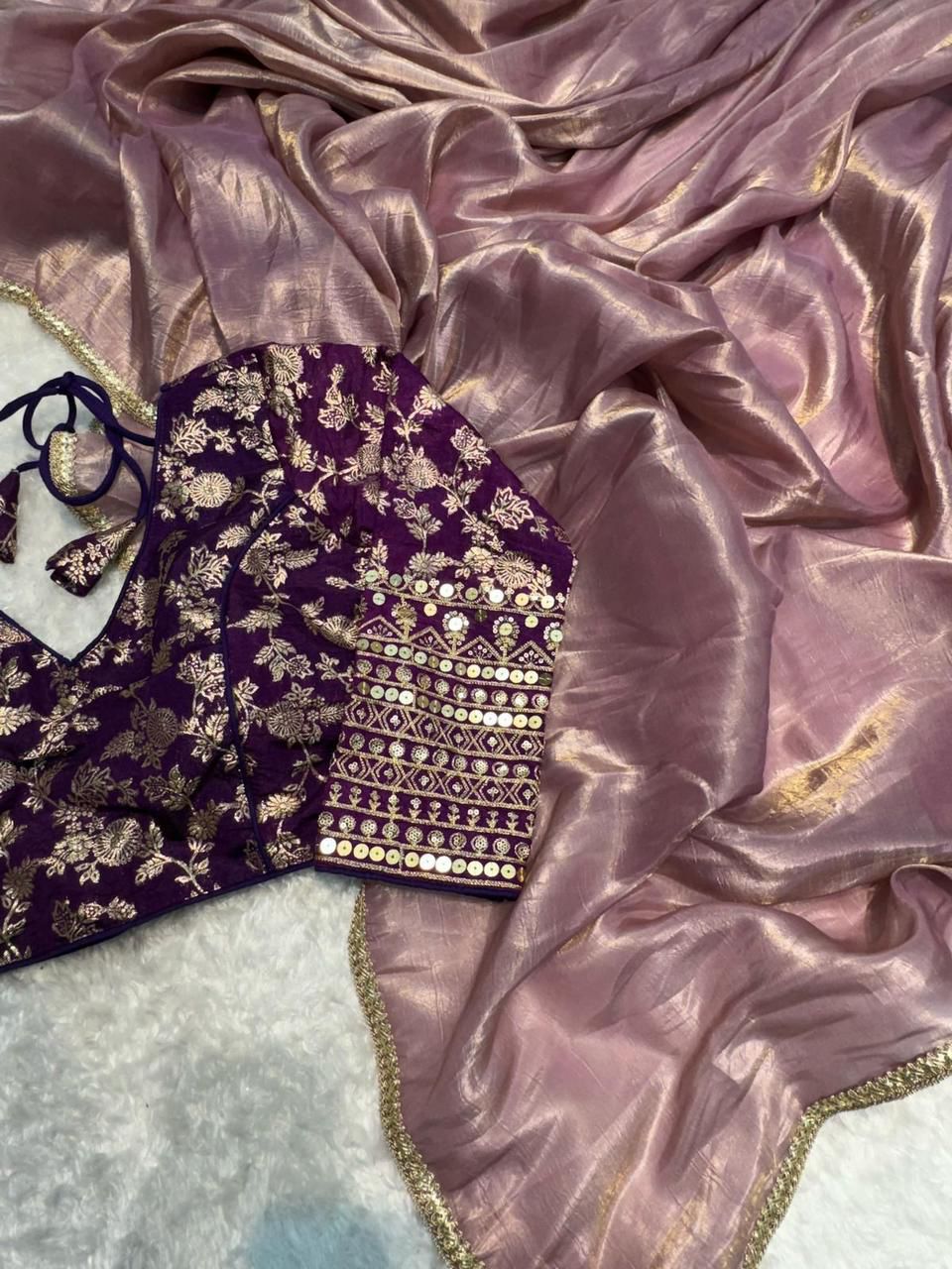 Gold Crush Tissue Saree with Raw Silk weaving Embroidery work