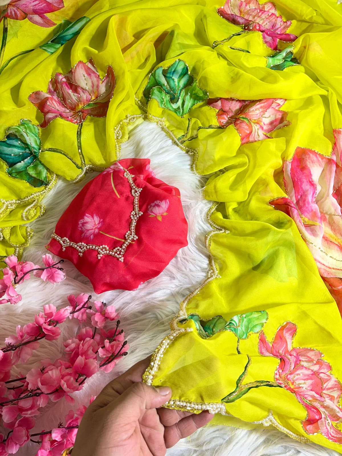 Organza Floral Handprint Sarees