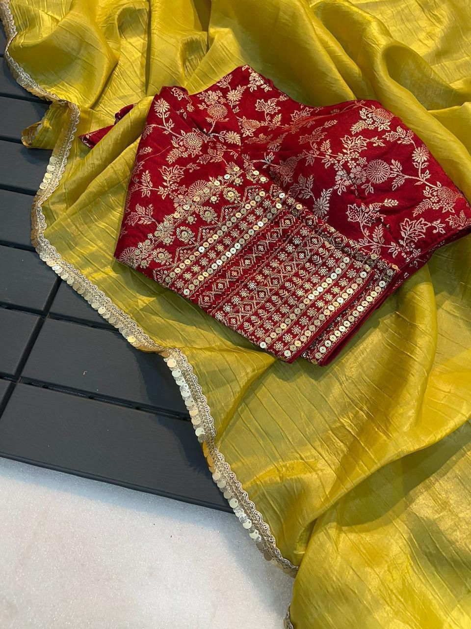 Gold Crush Tissue Saree with Raw Silk weaving Embroidery work