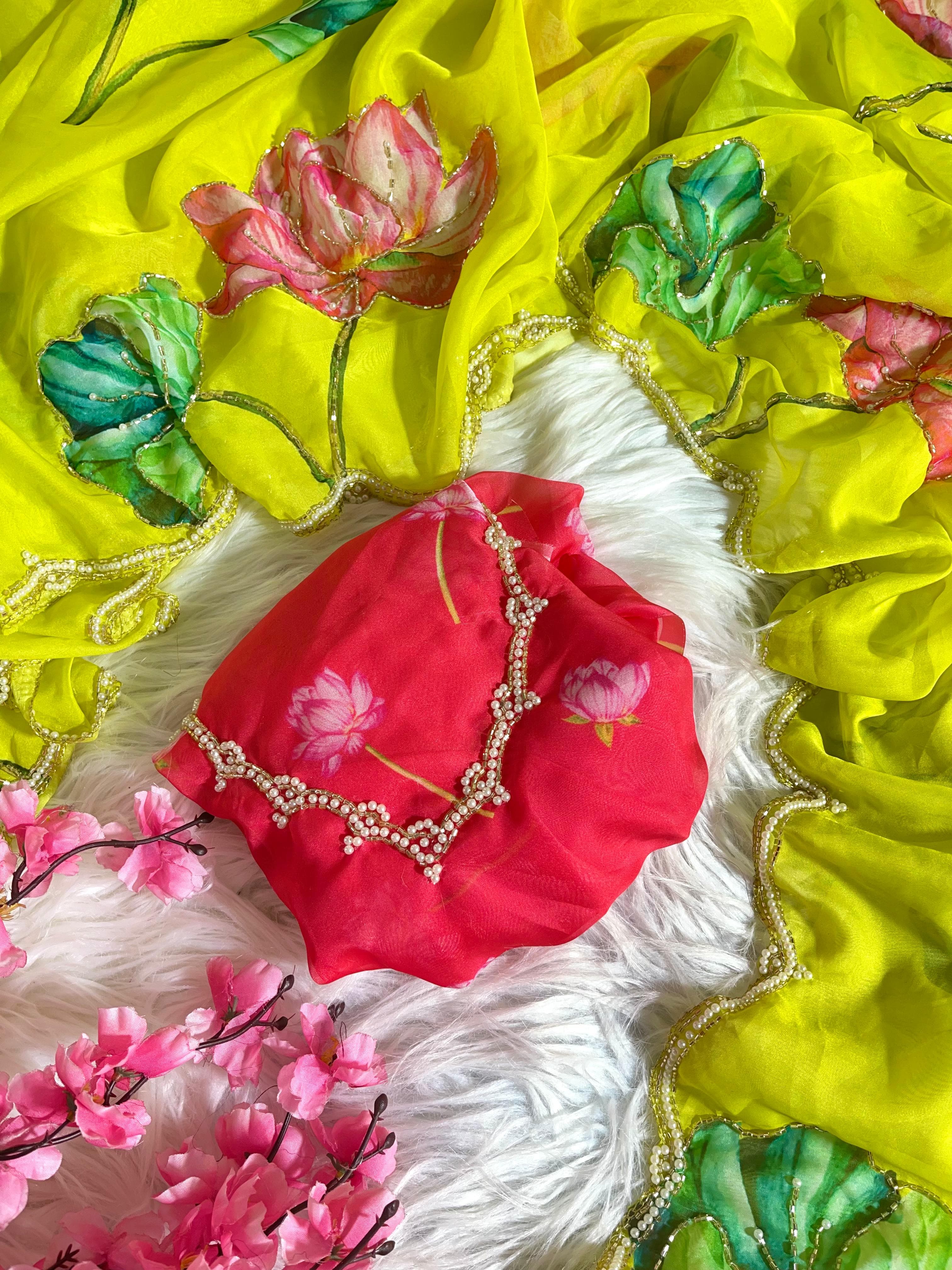 Organza Floral Handprint Sarees