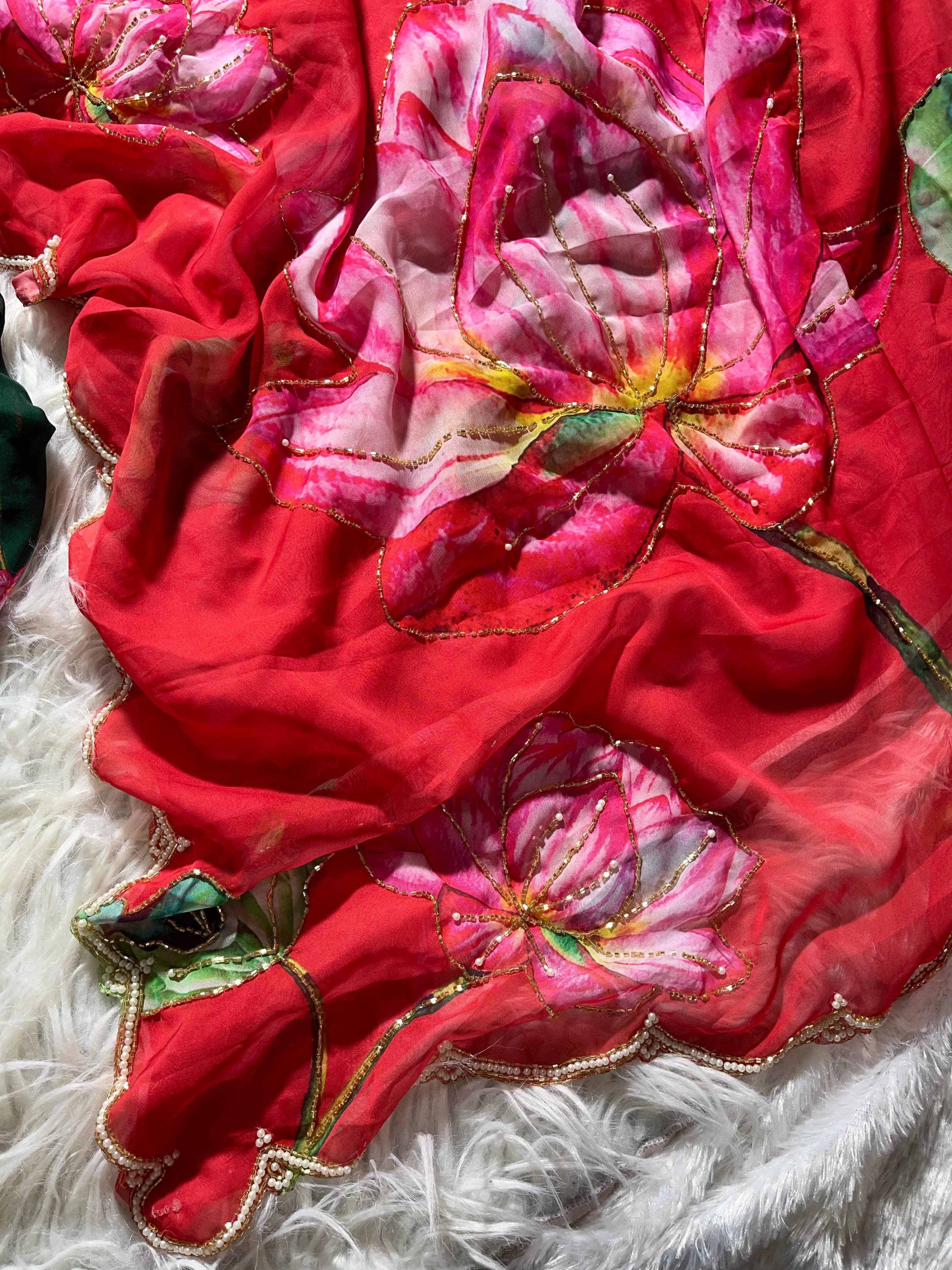 Organza Floral Handprint Sarees