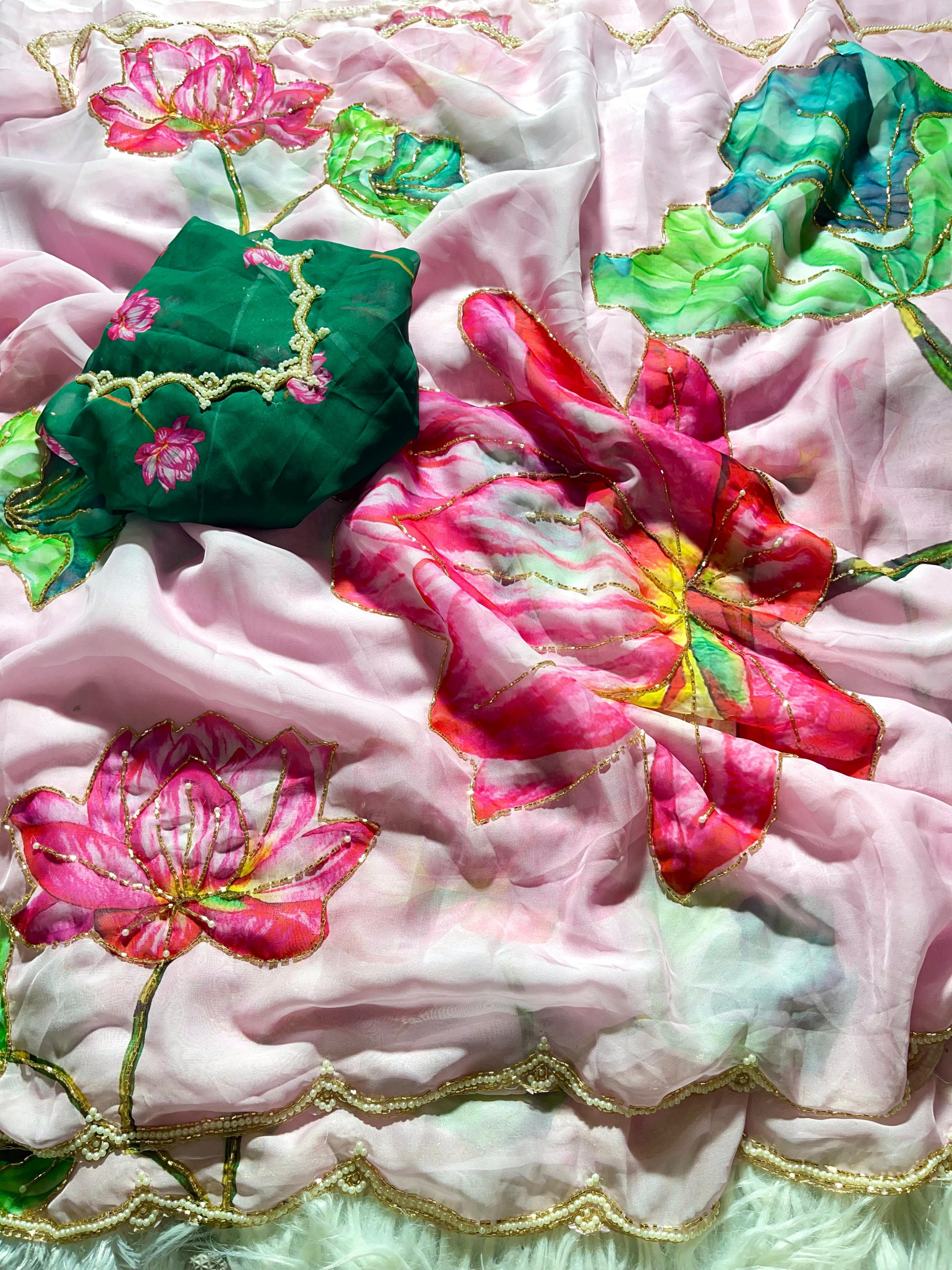 Organza Floral Handprint Sarees