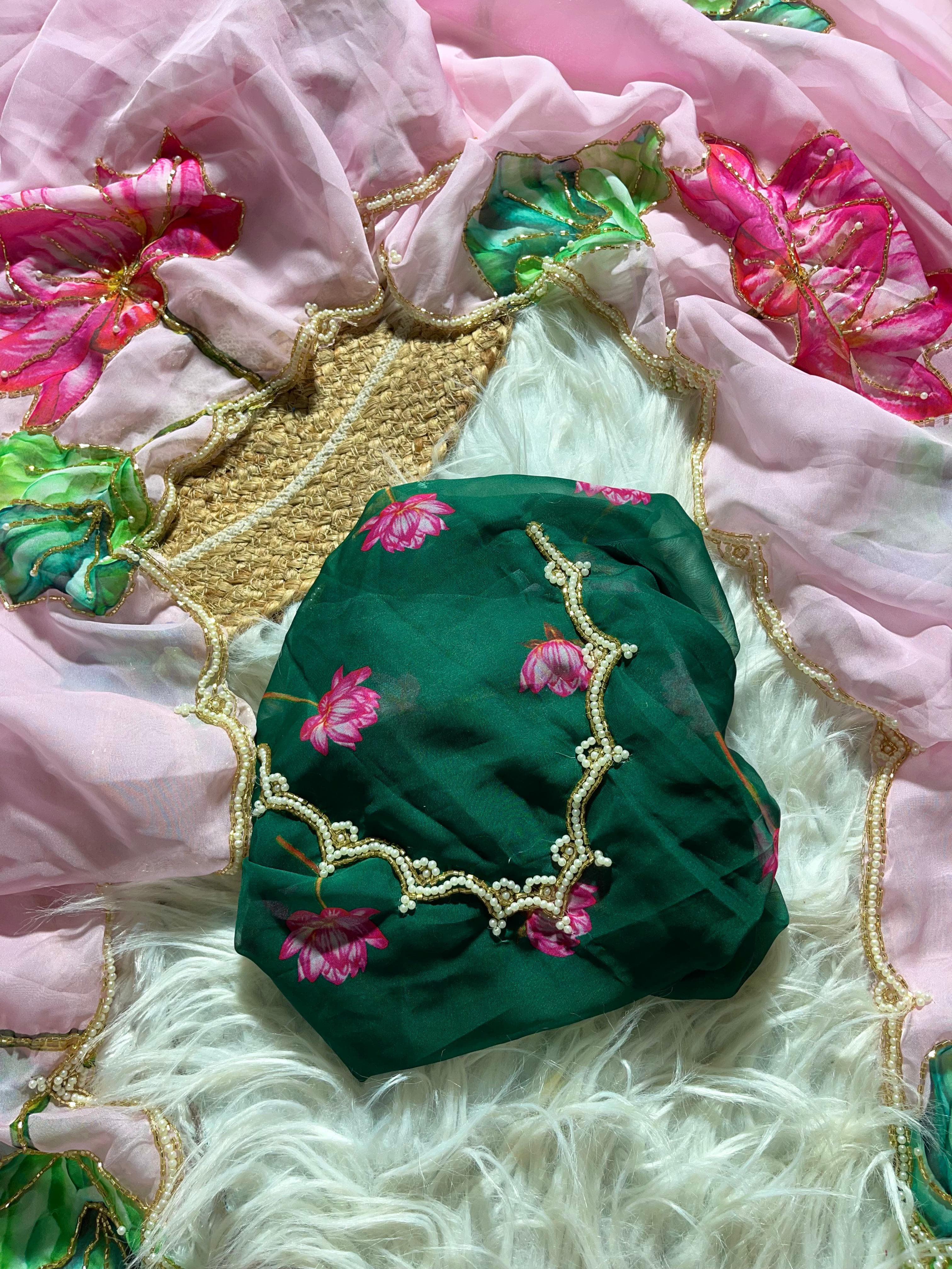 Organza Floral Handprint Sarees
