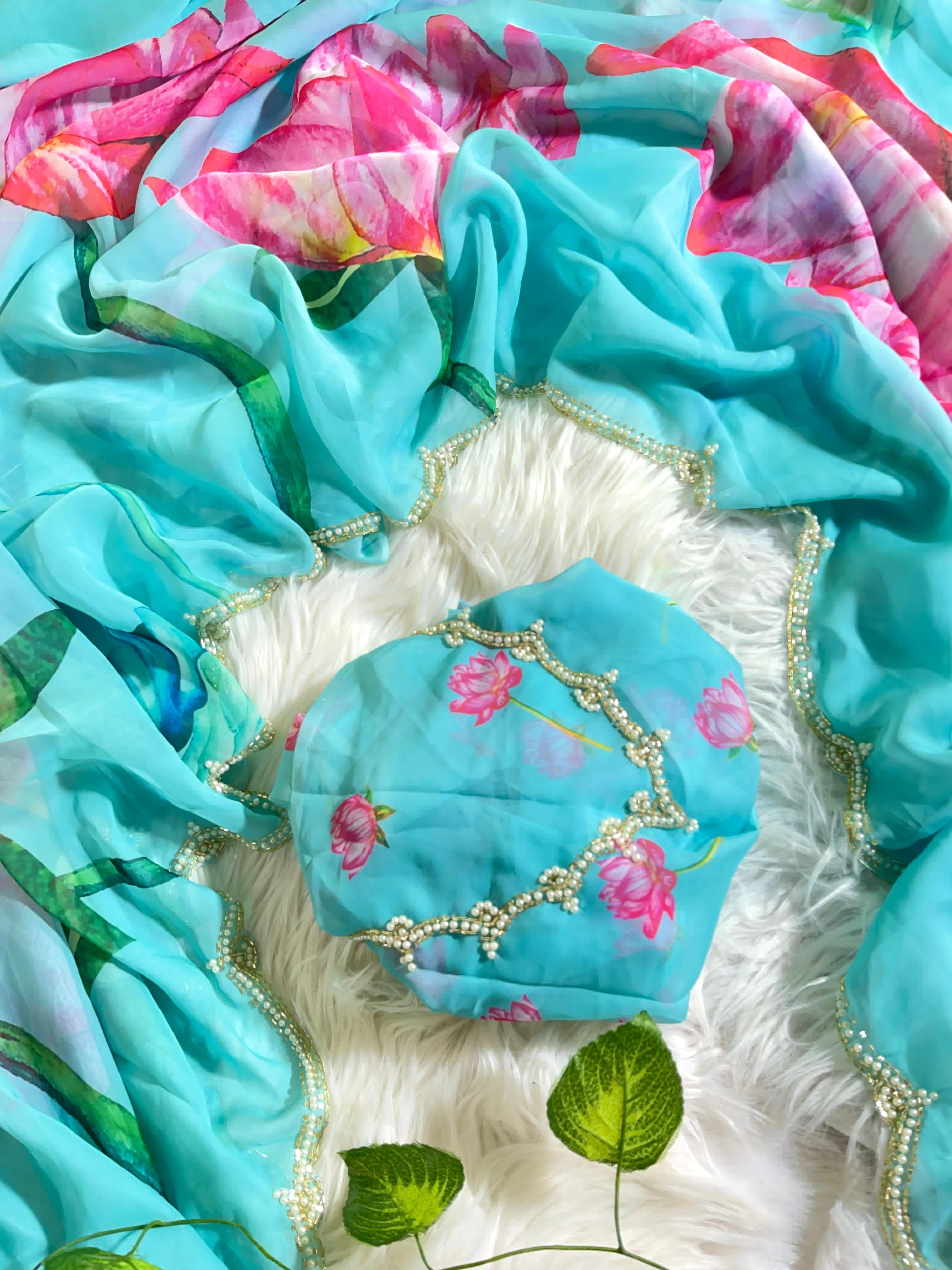 Organza Floral Handprint Sarees