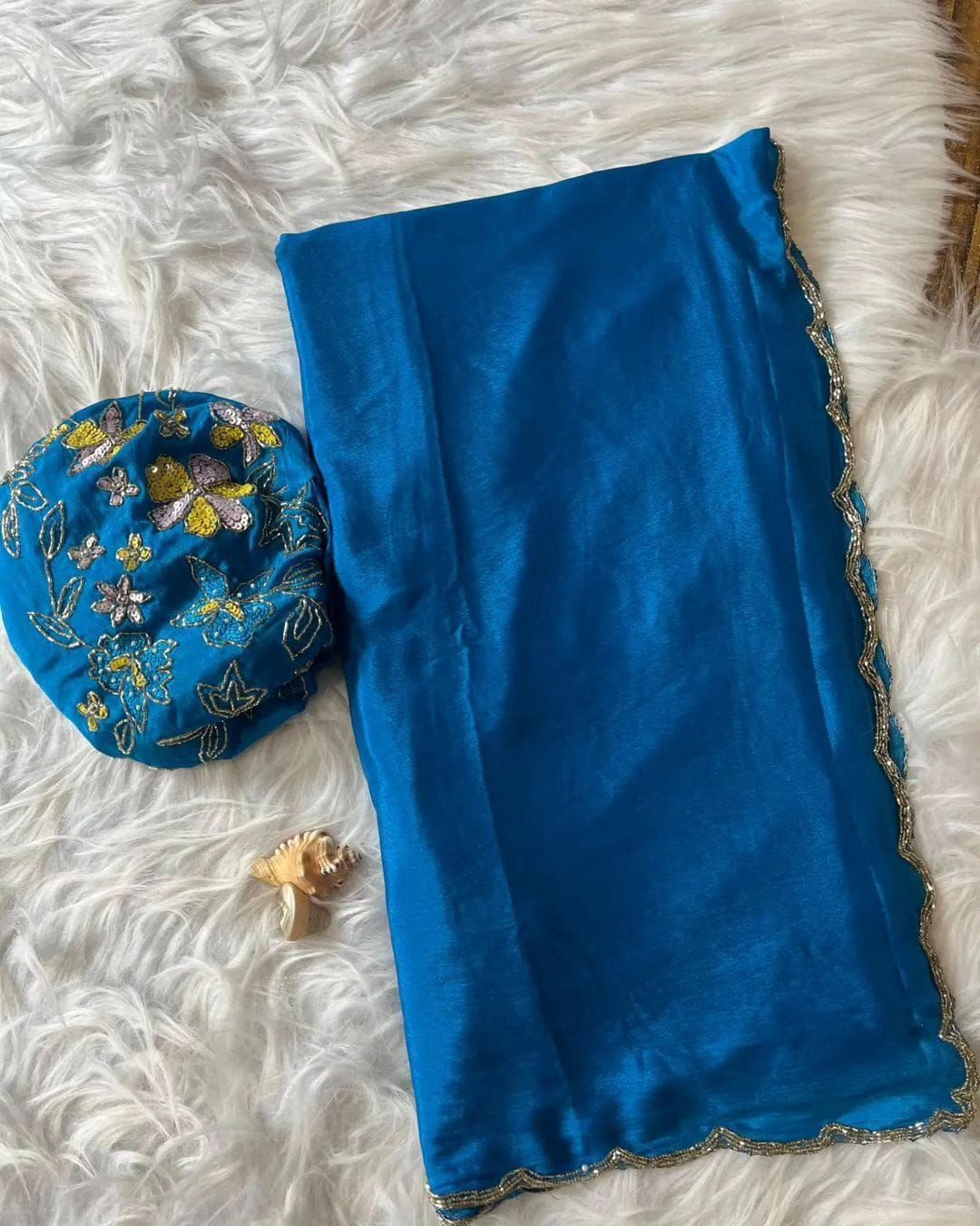 Pure Soft Chinon Silk Fabric with Heavy Khatli work Border.