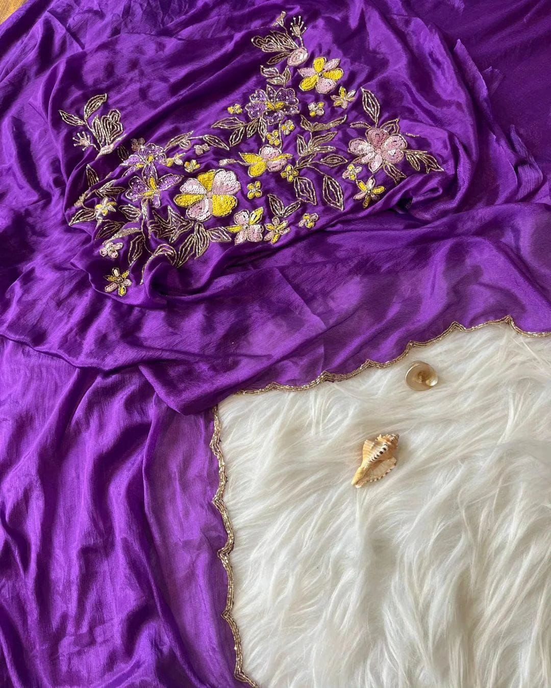 Pure Soft Chinon Silk Fabric with Heavy Khatli work Border.