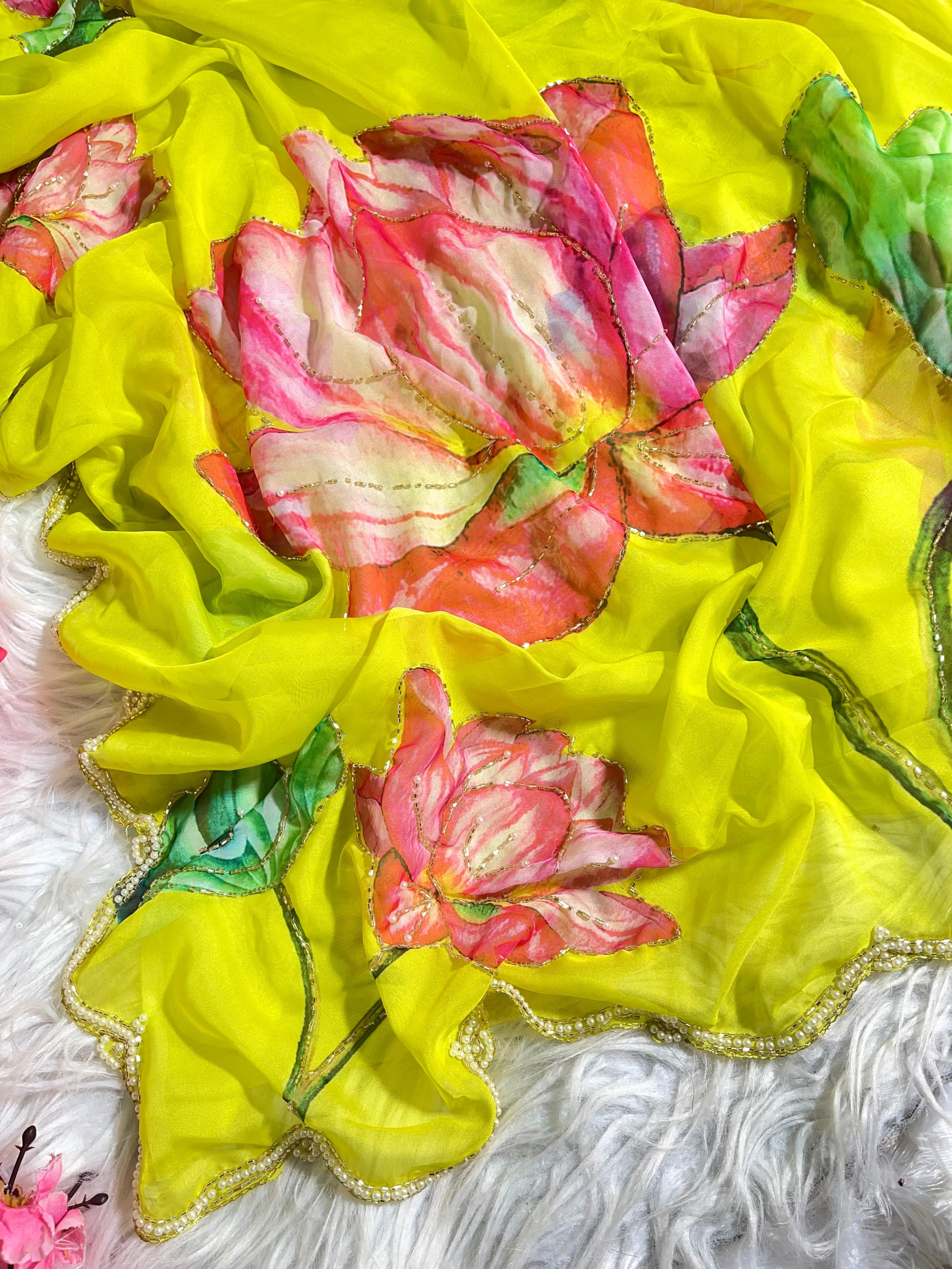 Organza Floral Handprint Sarees