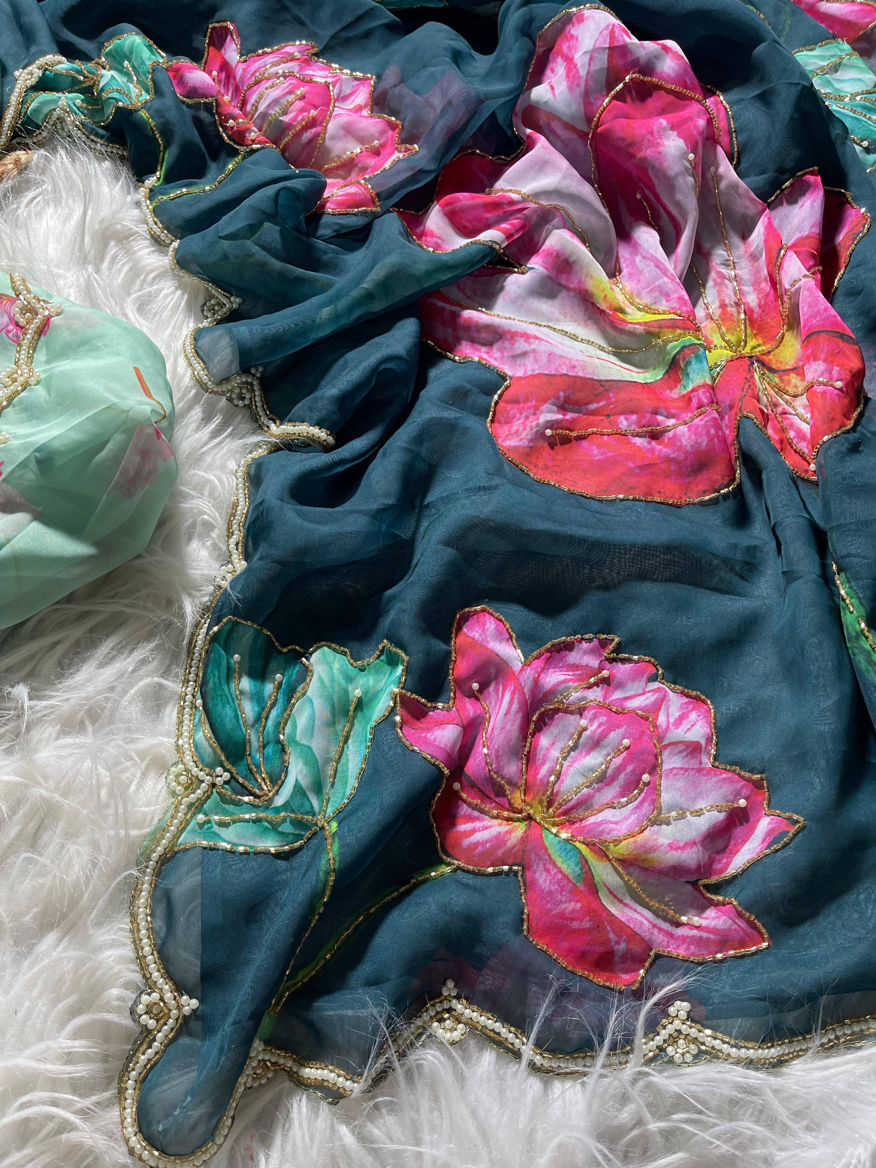 Organza Floral Handprint Sarees