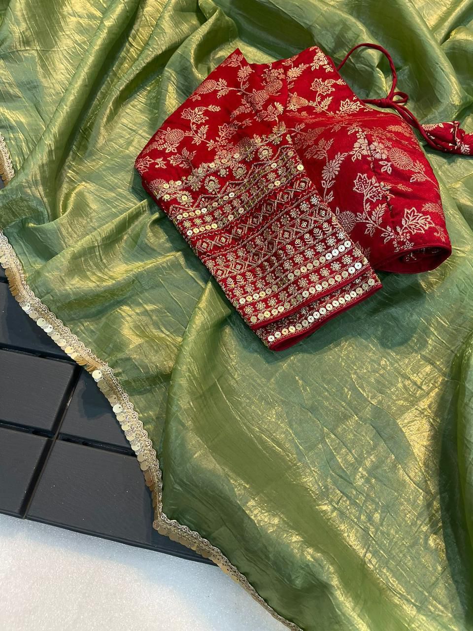 Gold Crush Tissue Saree with Raw Silk weaving Embroidery work