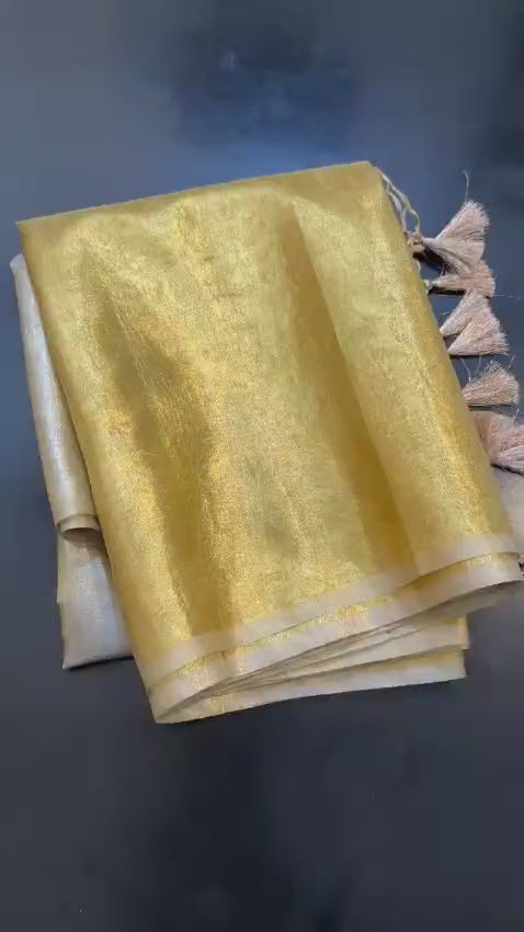 Two Tone Metallic Banarasi Tissue Soft Silk Saree with Tassels work ✨