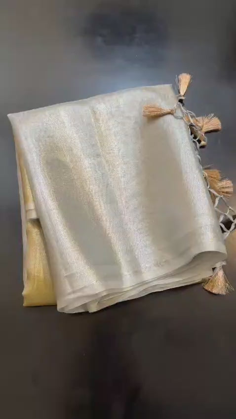 Two Tone Metallic Banarasi Tissue Soft Silk Saree with Tassels work ✨