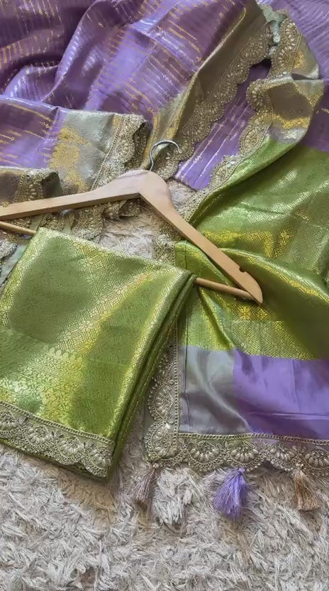 Exclusive Banarasi Katan Striped Silk Saree 💜💚✨