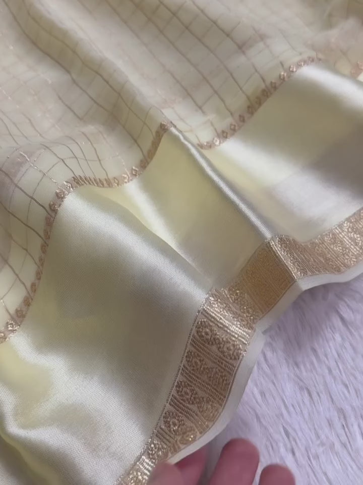 Pure viscose Georgette with small checks weaving with satin patta border