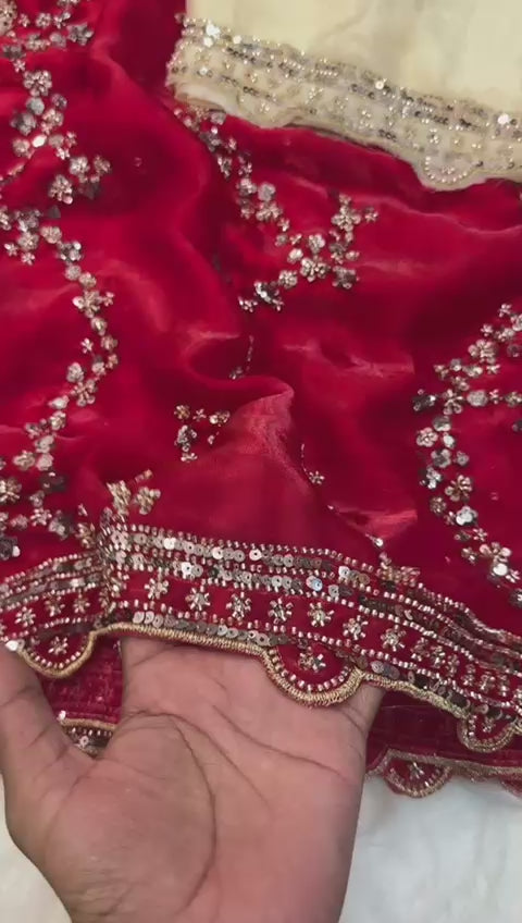 Rose gold beads work highly demanded val- moti and sequins work space silk saree and contrast designer beads work and sequins work blouse