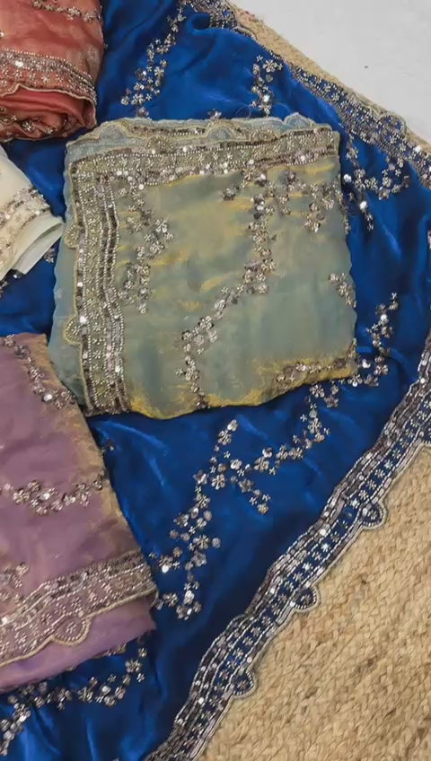 Rose gold beads work highly demanded val- moti and sequins work space silk saree and contrast designer beads work and sequins work blouse
