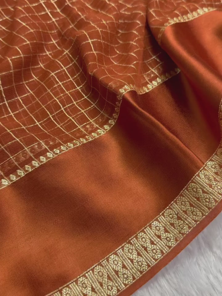 Pure viscose Georgette with small checks weaving with satin patta border