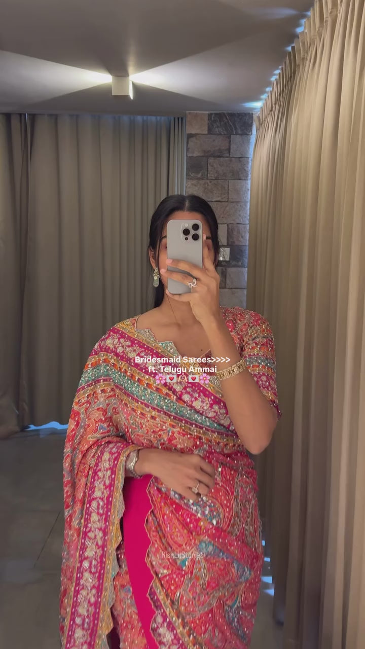 Chinnon crepe position hand embroidery work saree ✨