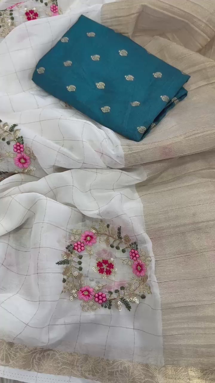 Pure chinnon Viscose Chex multi embroidery Squence Saree With  viscose butti blouse
