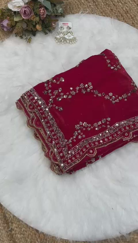 Rose gold beads work highly demanded val- moti and sequins work space silk saree and contrast designer beads work and sequins work blouse