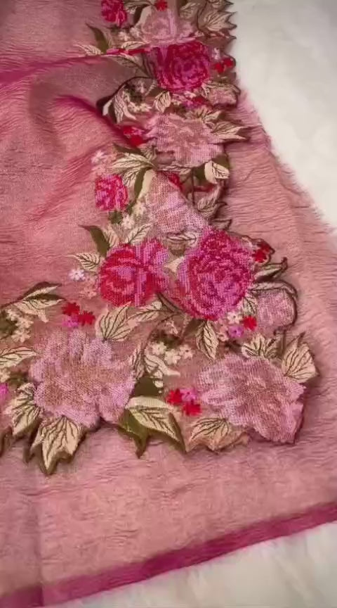 Banarasi tissue crunch embroidery saree