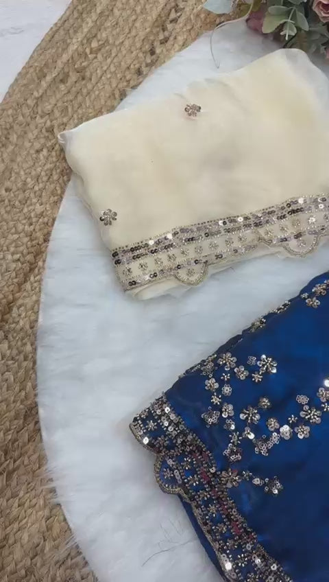 Rose gold beads work highly demanded val- moti and sequins work space silk saree and contrast designer beads work and sequins work blouse