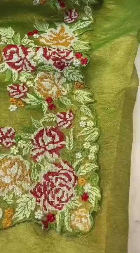 Rose Tissue Crunch Embroidery Saree