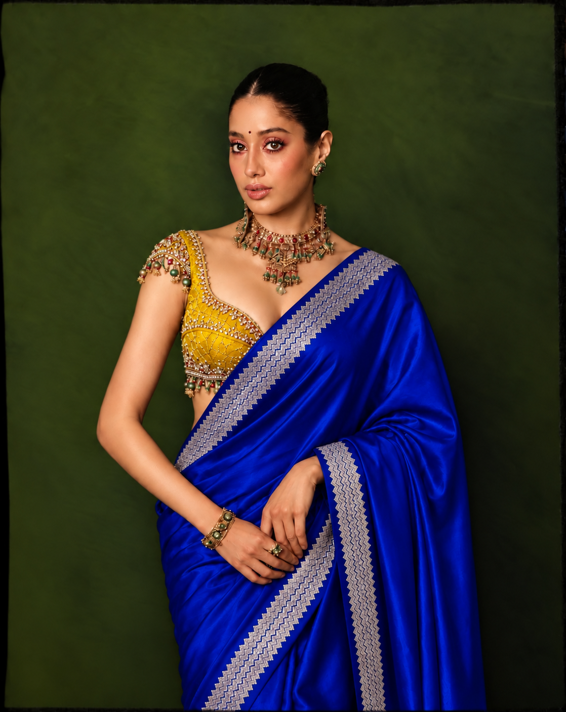 Celeb inspired saree with raw silk work blouse