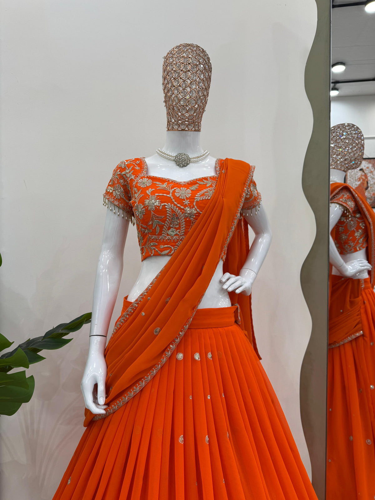 Orange Sequin Thread Lehenga