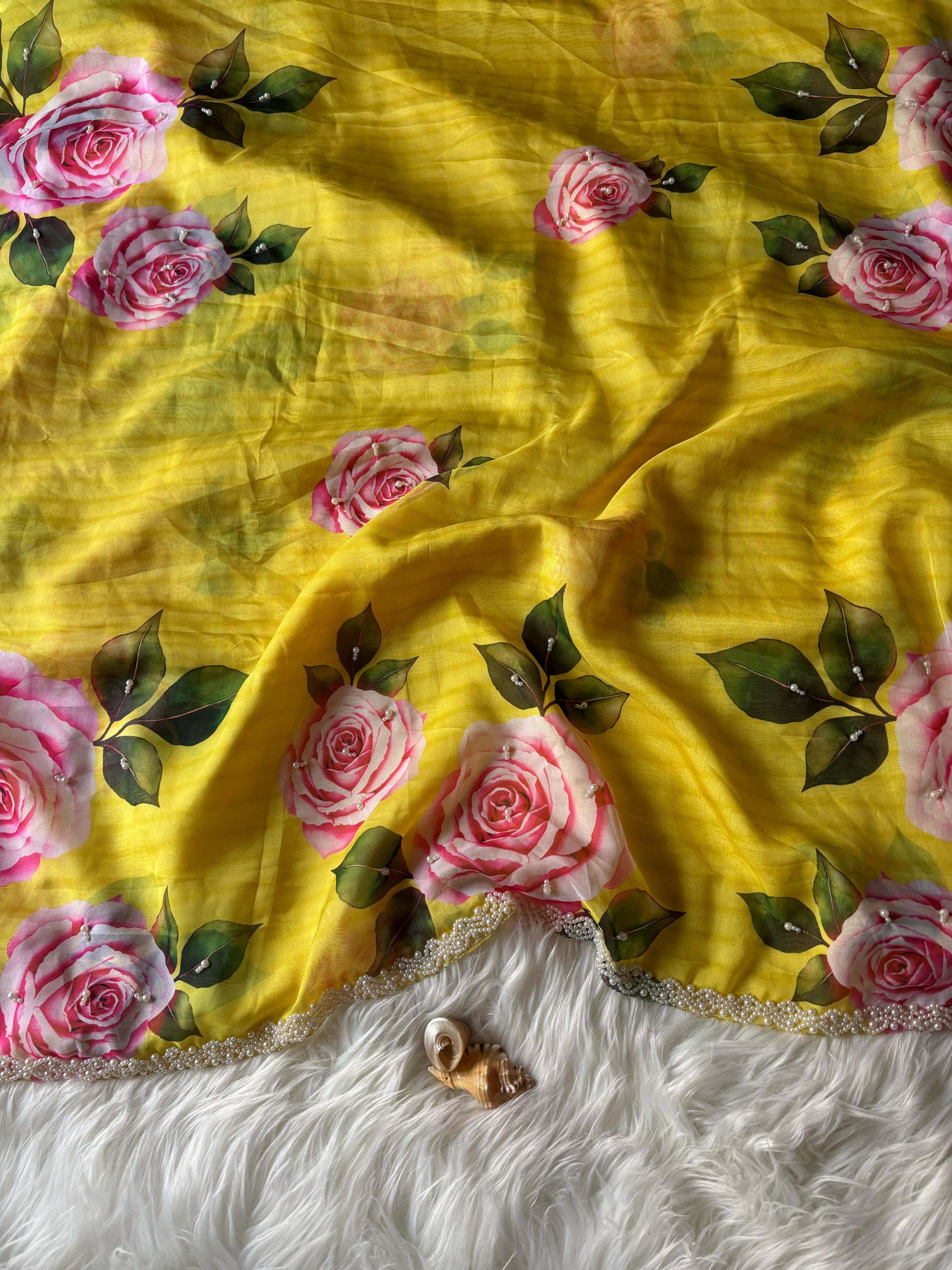 Taby Organza silk with pearl work border 💛