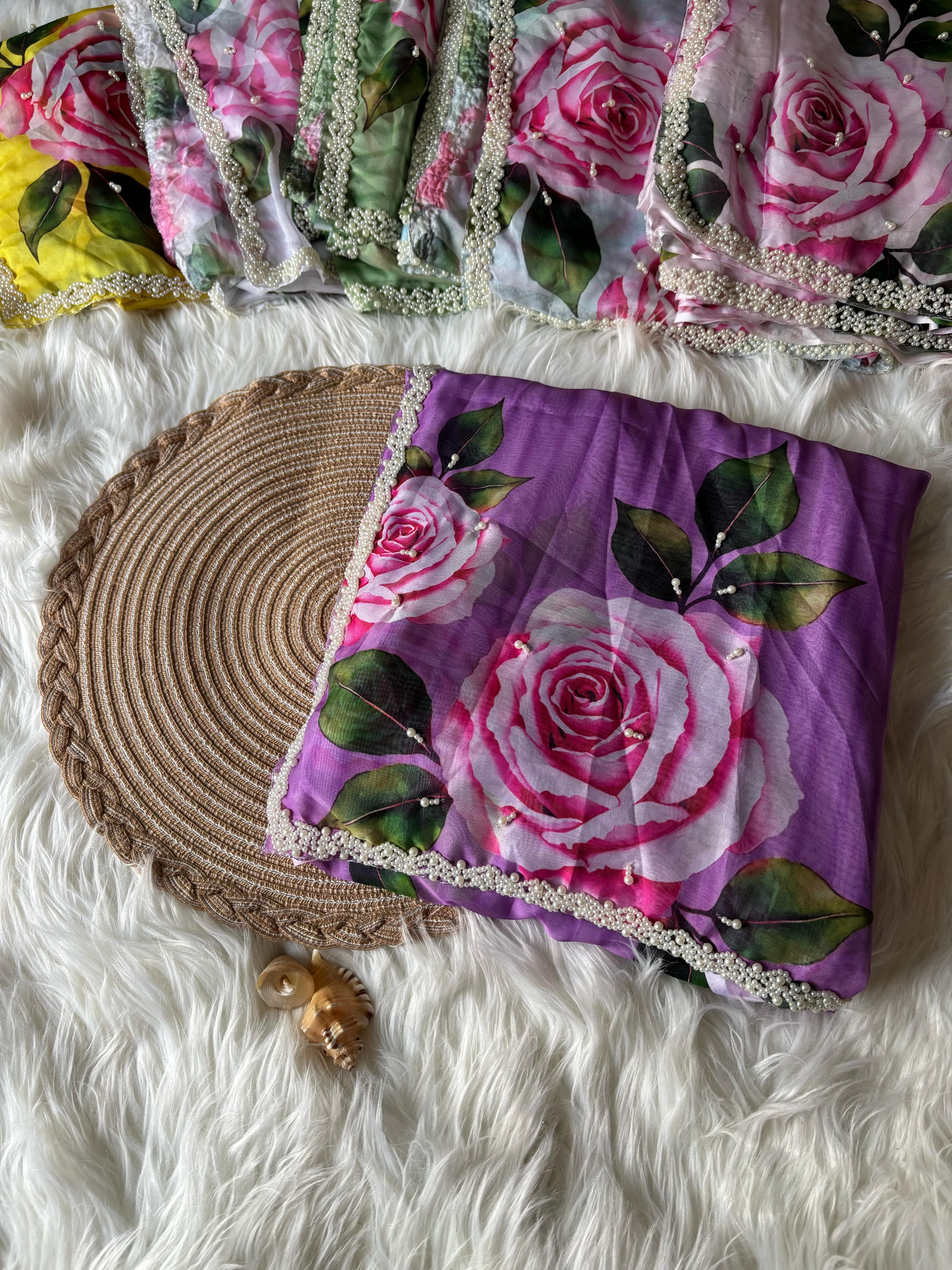 Taby Organza silk with pearl work border 💜