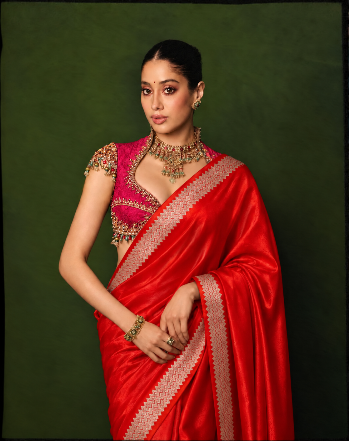 Celeb inspired saree with raw silk work blouse