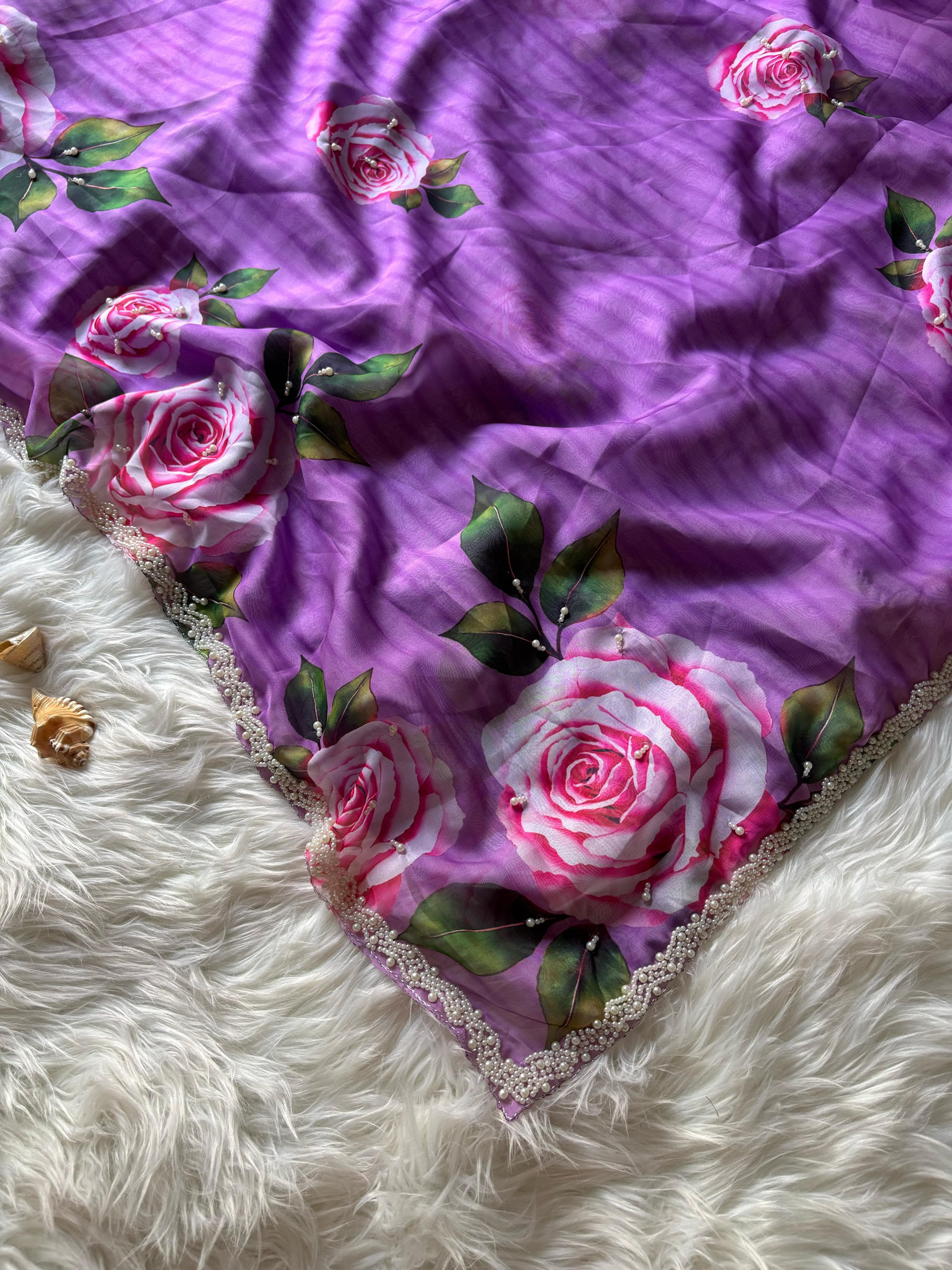 Taby Organza silk with pearl work border 💜