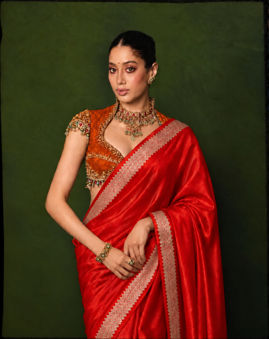 Celeb inspired saree with raw silk work blouse