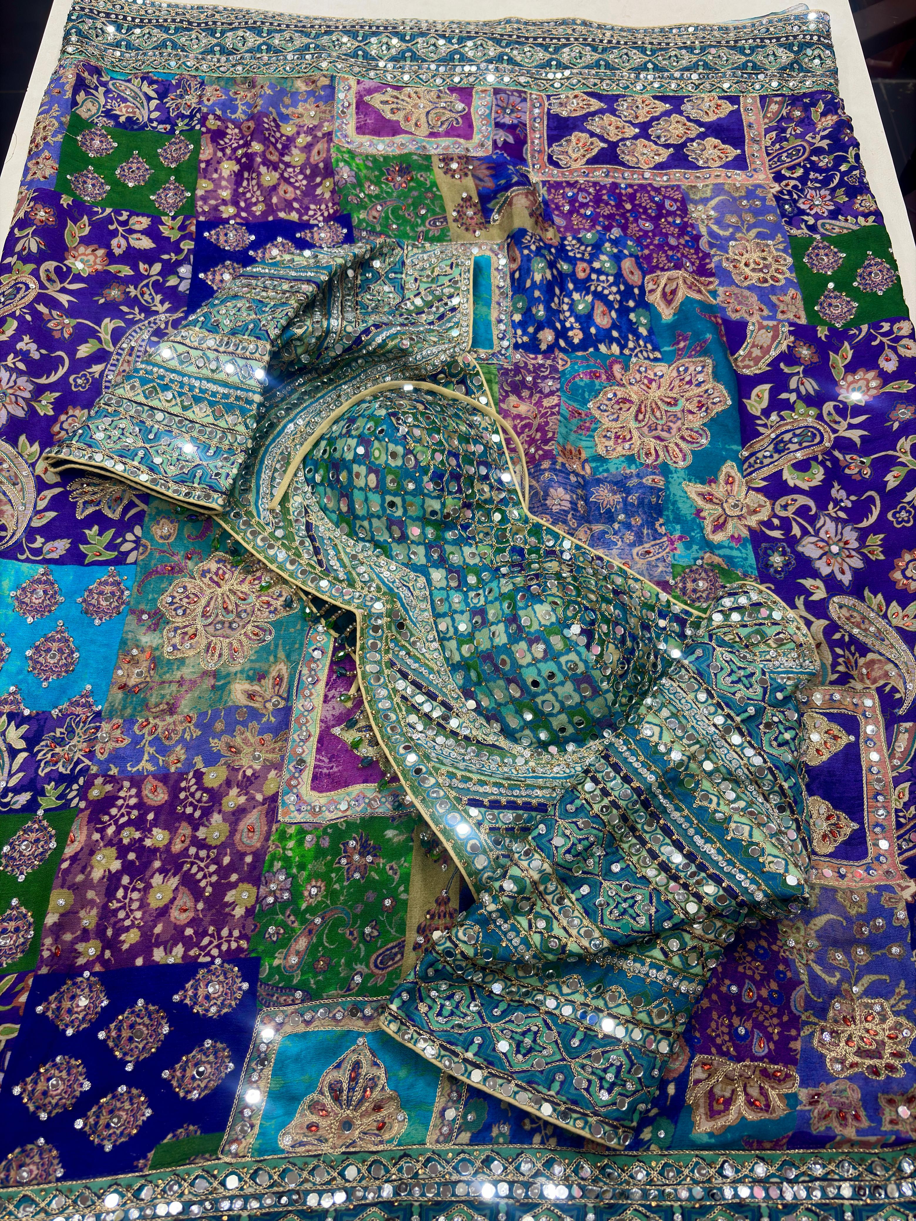 Chinnon crepe position hand embroidery mirror work saree ✨