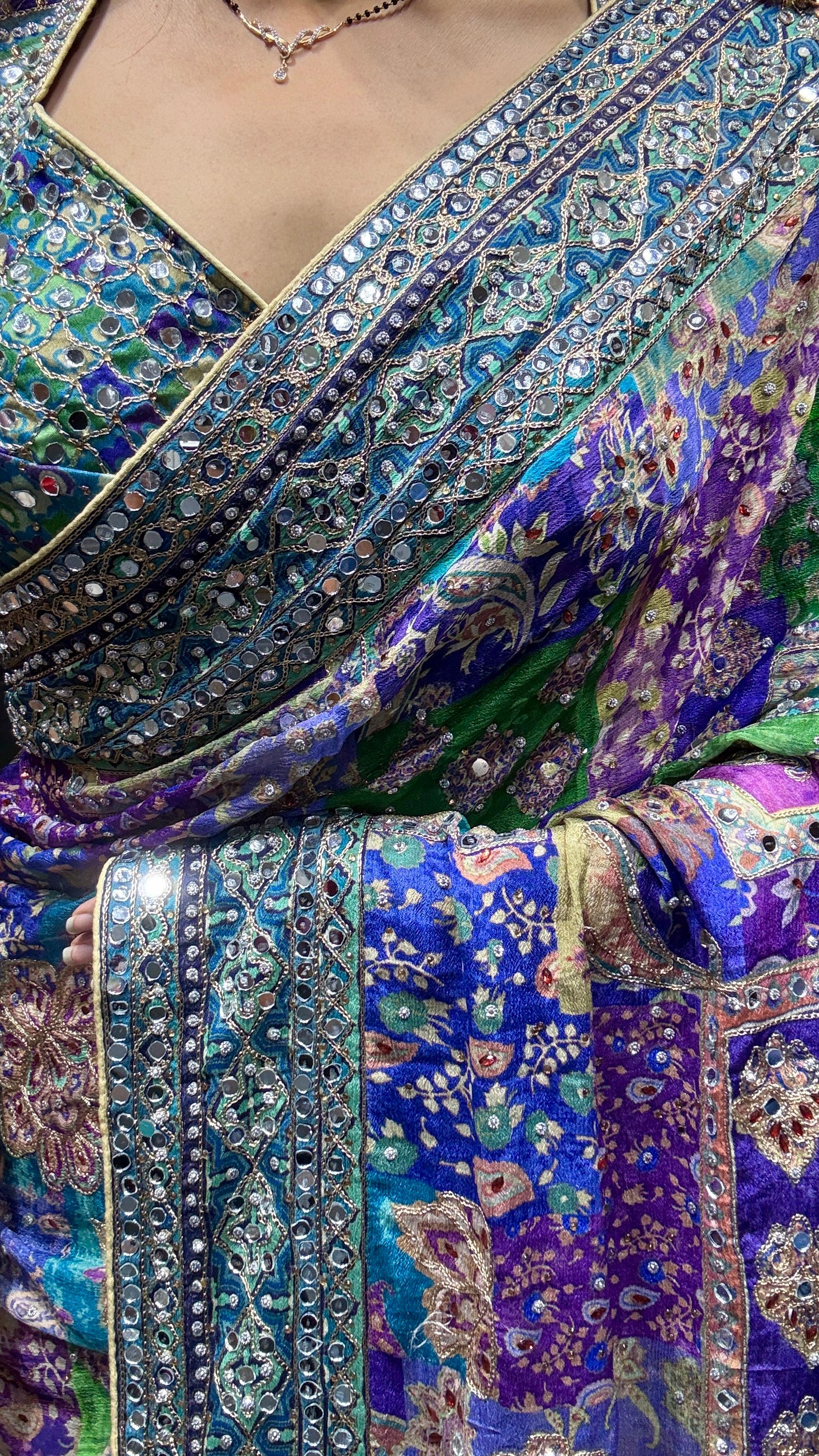 Chinnon crepe position hand embroidery mirror work saree ✨