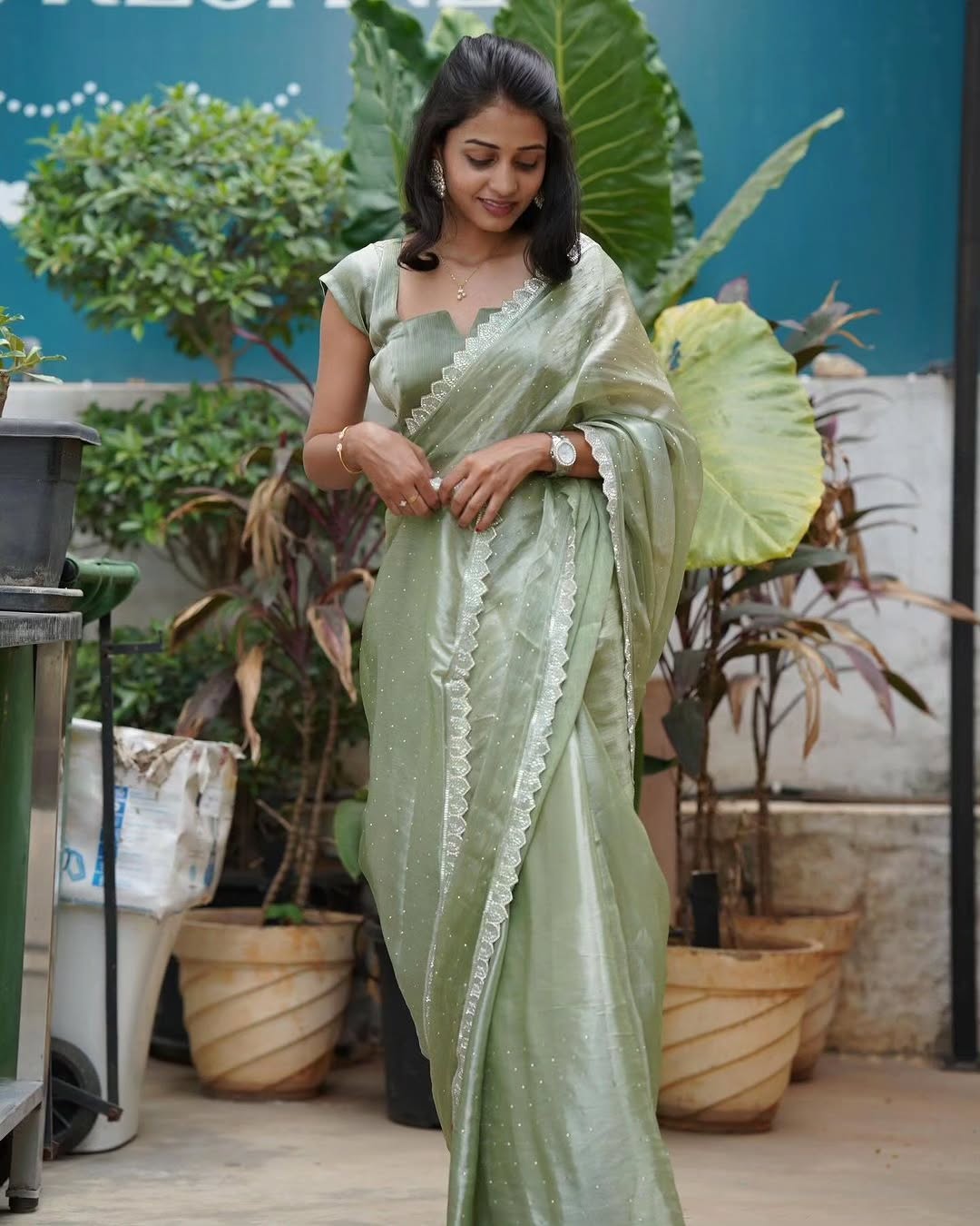 Pista Green Burberry Silk Saree ✨