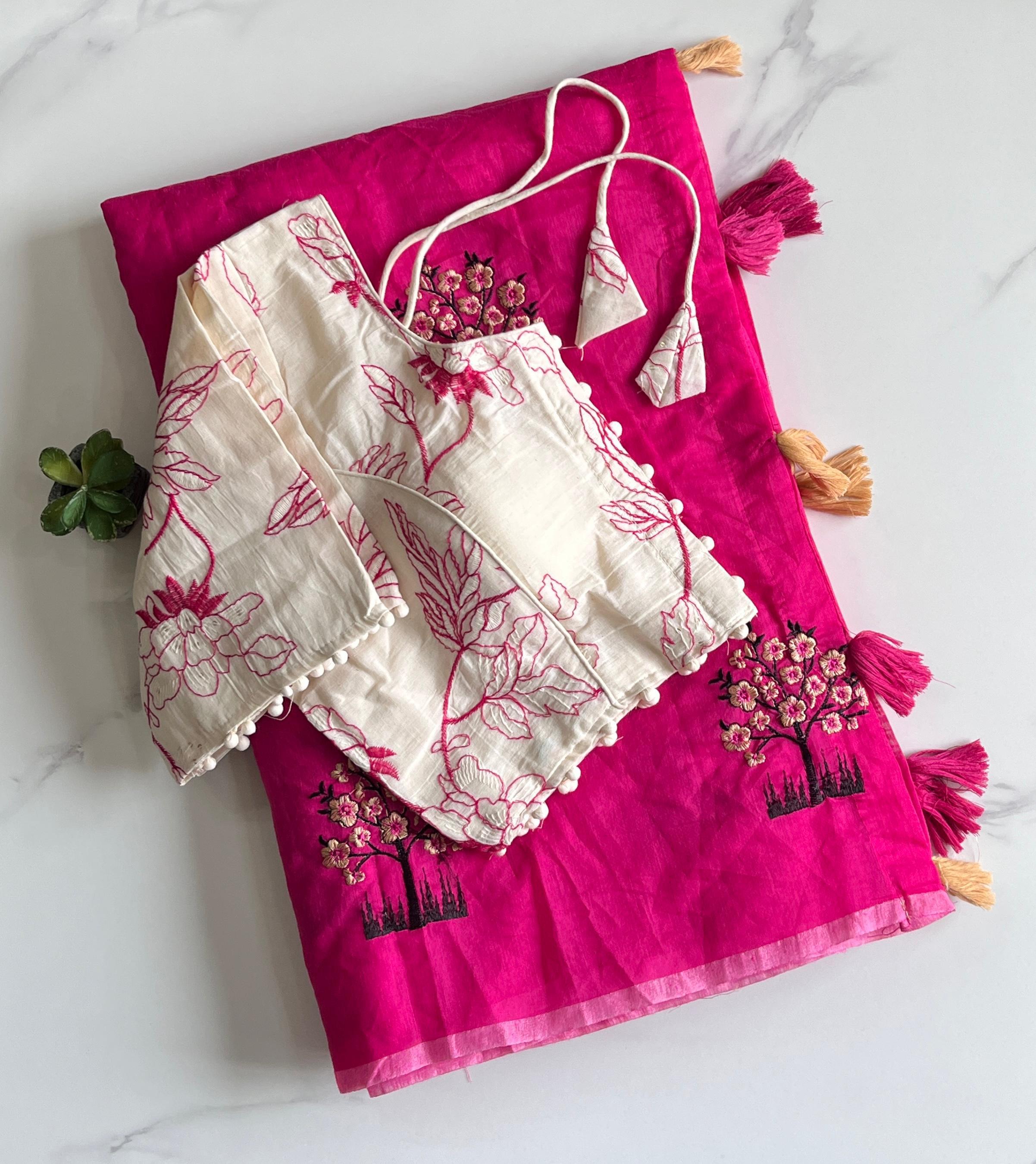 Chanderi Embroidery Saree with Cotton Stitched Blouse